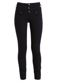 Svarta, högmidjade skinny jeans i stretchbomull. Har tre silverfärgade metallknappar, framfickor och en elegant, slät textur.