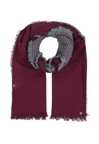 Sciarpa morbida color bordeaux con bordi a zigzag blu chiaro e estremità frangiate, piegata a loop.
