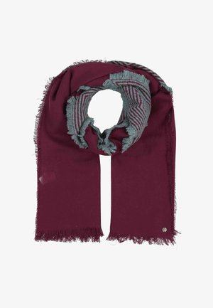 Soft scarf in burgundy with light blue zigzag patterned edges and fringed ends, folded in a loop.
