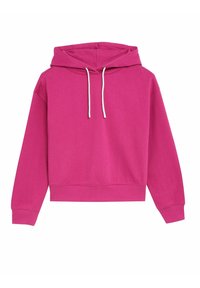 Sudadera corta fucsia hecha de tela suave, con capucha ajustable con cordón, mangas largas y puños acanalados en el dobladillo y las mangas.