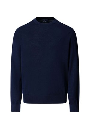 Maglione lavorato a maglia blu navy con scollo rotondo e maniche lunghe. Presenta polsini e orlo a costine, con un sottile dettaglio del logo sul petto.