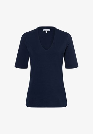 Chemise cintrée à manches courtes bleu marine avec un col en V, design uni et étiquette de marque "More & More" à l'intérieur de l'encolure.