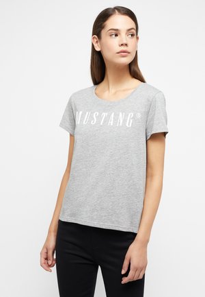 Grey cotton t-shirt with a round neck and short sleeves. Features the word "MUSTANG" in large white letters across the chest.