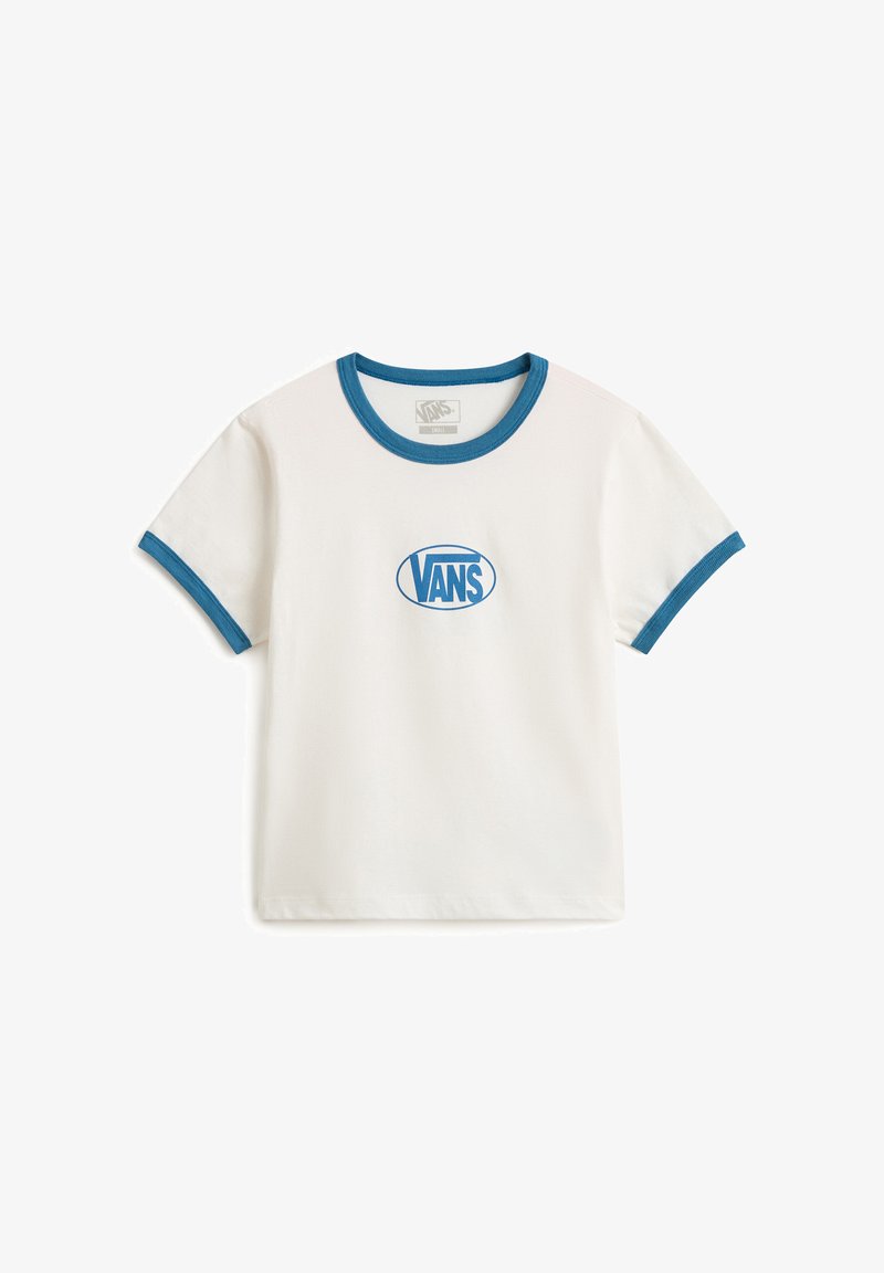 White short-sleeve Vans t-shirt with blue trim on collar and sleeves, featuring a blue Vans logo in an oval on the chest.