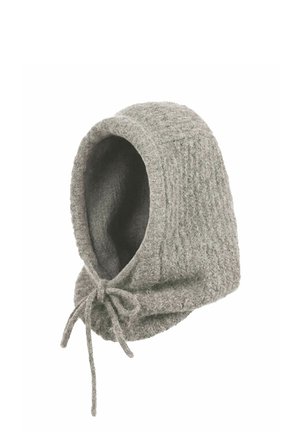 Gray knitted winter hood with tie strings at the front, featuring a textured pattern and a soft inner lining for warmth.