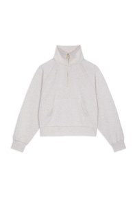 Helles graues, verkürztes Sweatshirt mit hohem Kragen, halbem Reißverschluss vorne, Raglanärmeln und einer Kängurutasche. Weicher Stoff.