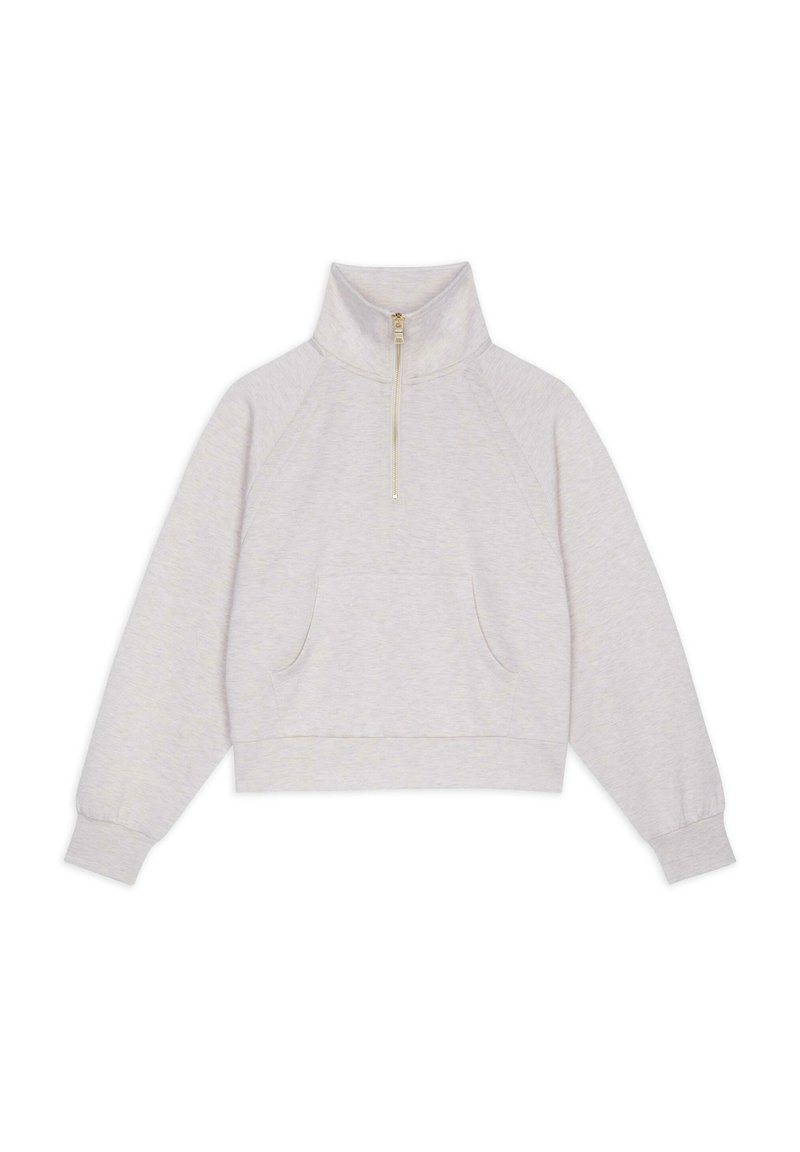 Helles graues, verkürztes Sweatshirt mit hohem Kragen, halbem Reißverschluss vorne, Raglanärmeln und einer Kängurutasche. Weicher Stoff.