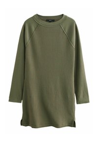 Robe pull côtelée vert olive avec des manches longues, un col rond et des fentes sur les côtés à l'ourlet. Fabriquée dans un tissu doux pour un confort optimal.