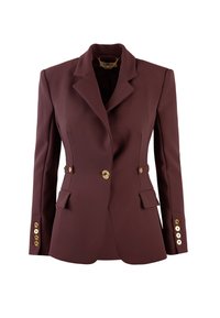 Blazer su misura bordeaux con colletto a punte, due tasche anteriori e dettagli con bottoni dorati. Tessuto liscio con una vestibilità strutturata.