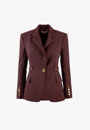 Blazer su misura bordeaux con colletto a punte, due tasche anteriori e dettagli con bottoni dorati. Tessuto liscio con una vestibilità strutturata.