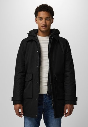 Zwarte parka jas met een rits en drukknoopsluiting, voorzien van een capuchon, twee voorzakken en een gestructureerde binnenkant.