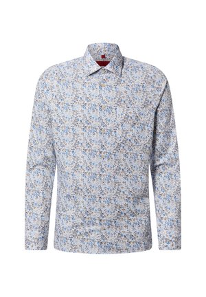 Męska koszula na długi rękaw na guziki z niebiesko-brązowym kwiatowym wzorem na białym tle, klasyczny kołnierzyk, zapięcia z przodu.