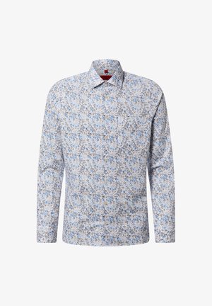 Camicia da uomo a maniche lunghe con bottoni, motivo floreale blu e marrone su sfondo bianco, colletto classico, bottoni frontali.