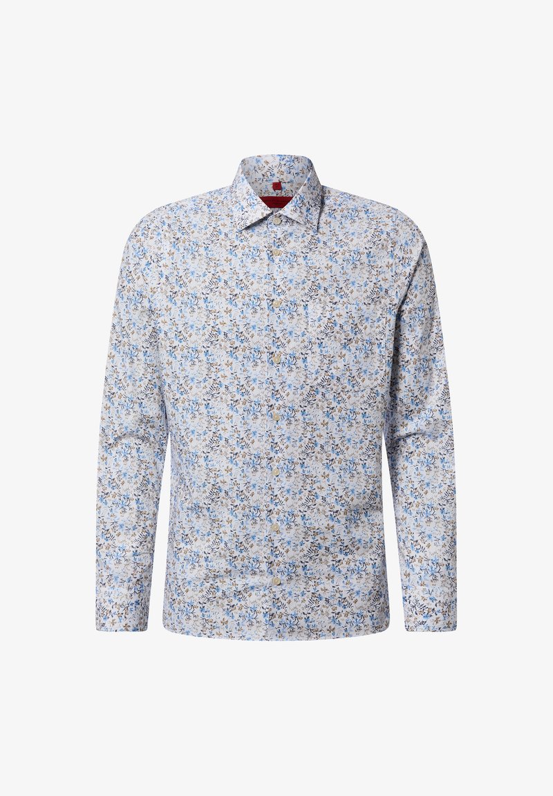 Chemise pour hommes à manches longues avec un motif floral bleu et marron sur fond blanc, col classique, boutons sur le devant.