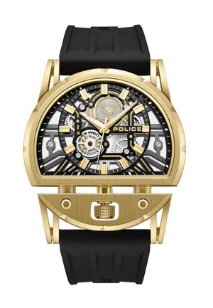 Golden skeleton watch with black rubber strap. Features intricate gear details and bold hour markers. "POLICE" logo prominently displayed.