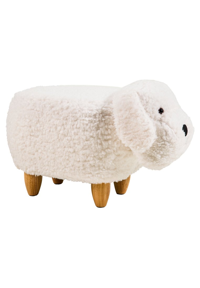 Ottoman en forma de oveja blanca con textura suave, patas de madera, forma redondeada y pequeños ojos negros, diseñado para sentarse o como decoración.