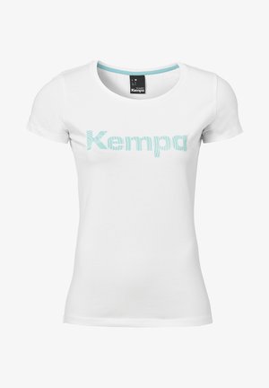 White short-sleeved t-shirt with a round neckline featuring a light blue "Kempa" logo design printed across the front. Soft cotton material.