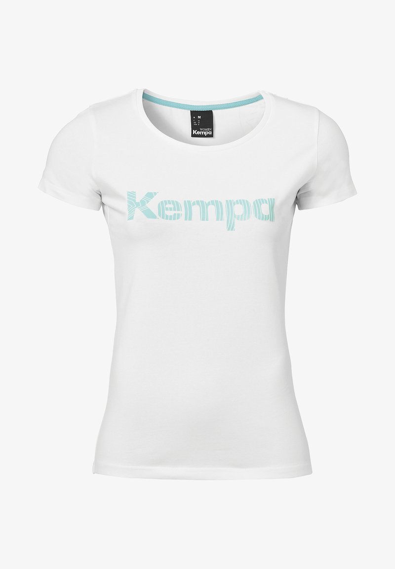 Weißes T-Shirt mit kurzen Ärmeln und rundem Ausschnitt, das ein hellblaues "Kempa"-Logo-Design auf der Vorderseite aufgedruckt hat. Aus weichem Baumwollmaterial.