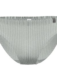 Mutandine da donna realizzate in morbido tessuto grigio chiaro con righe verticali bianche. Presentano una vita liscia e bordi senza cuciture.