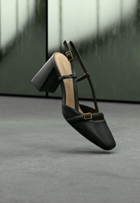 Chaussure à bride arrière en cuir noir avec un bout pointu, un talon épais et des accents de boucle dorée. Texture lisse et design minimaliste.