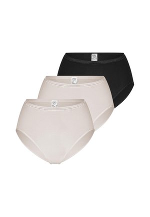 Tre dameunderbukser med høj talje i sort, beige og lysebeige, arrangeret forfra og bagud på en hvid baggrund.