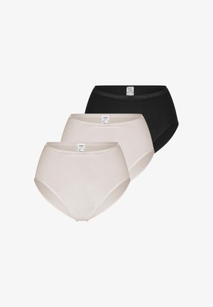 Drei Damenunterhosen mit hohem Bund in Schwarz, Beige und Hellbeige, von vorne nach hinten auf weißem Hintergrund angeordnet.