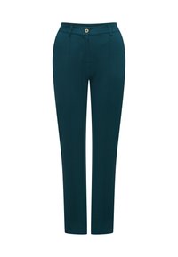 Zielone, dopasowane spodnie z gładkiego materiału, o slim fit, z przednimi kieszeniami i pojedynczym zapięciem na złoty guzik w pasie.