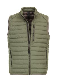 Isolierte Weste in Olivgrün mit einem Reißverschluss vorne, horizontalen Kammern und zwei Reißverschlusstaschen. Glatter Stoff mit kontrastierenden Kanten.