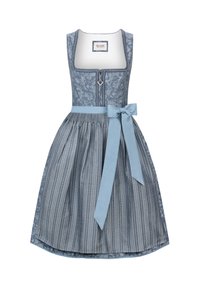 Blaues gemustertes Kleid mit tailliertem Oberteil, Rundhalsausschnitt und Reißverschluss. Der Rock ist ausgestellt mit Falten und wird von einer passenden Schleife an der Taille akzentuiert.