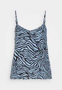 Top bez rukávů v světle modré barvě s černými pruhy zebry, s tenkými nastavitelmi ramínky a volným střihem. Vyrobeno z jemné, lehké látky.
