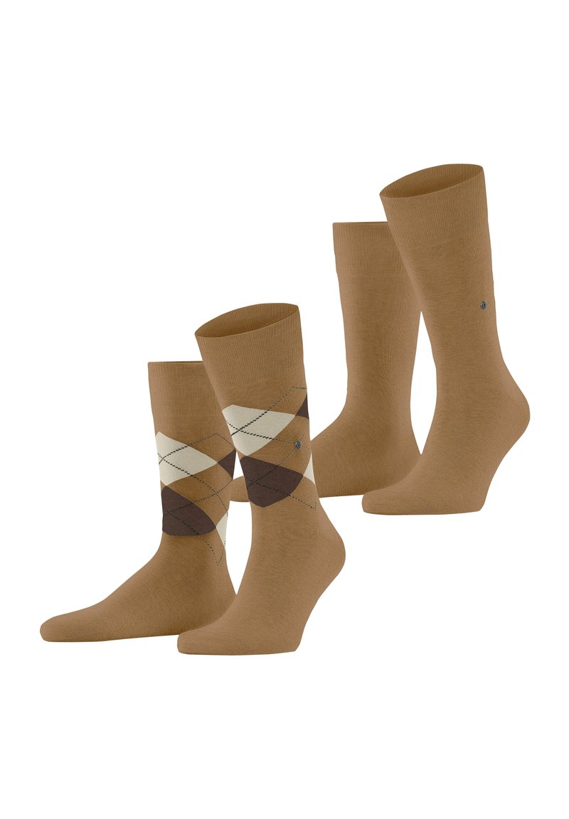 Due coppie di calzini marroni, una di colore solido e una con un motivo argyle beige e marrone scuro, esposte affiancate su uno sfondo bianco.