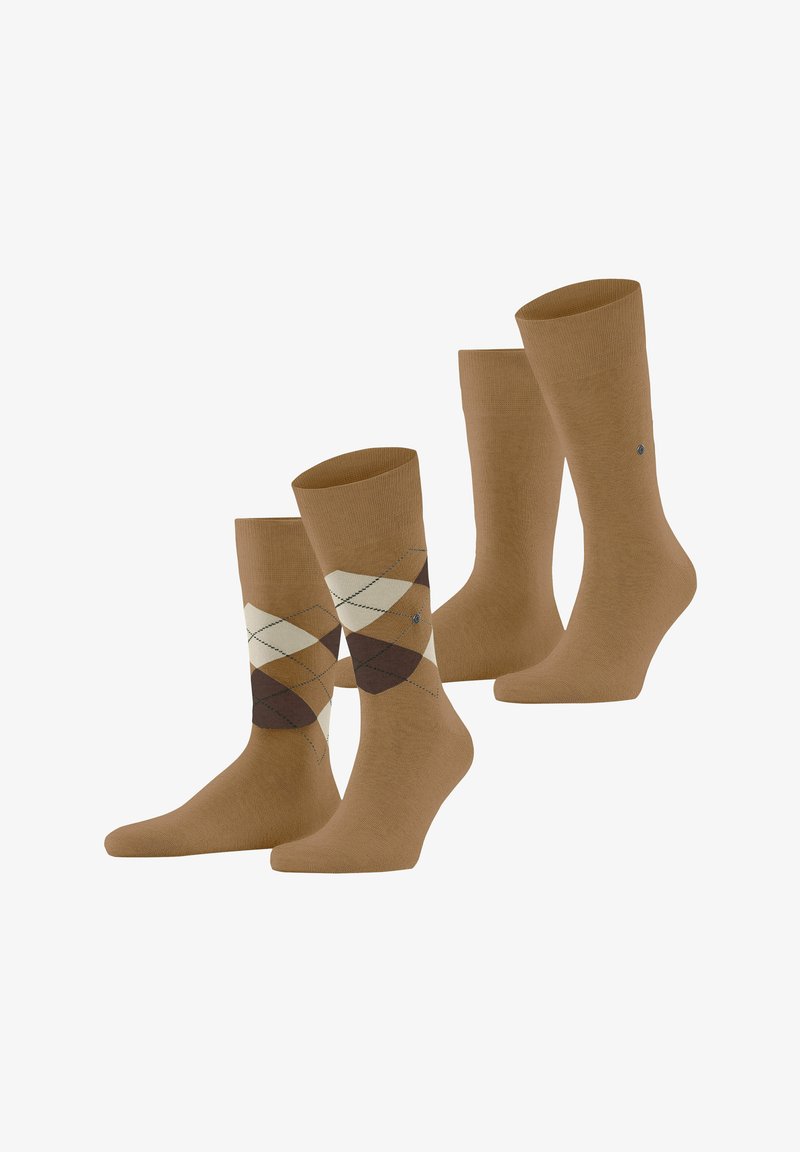 Due coppie di calzini marroni, una di colore solido e una con un motivo argyle beige e marrone scuro, esposte affiancate su uno sfondo bianco.