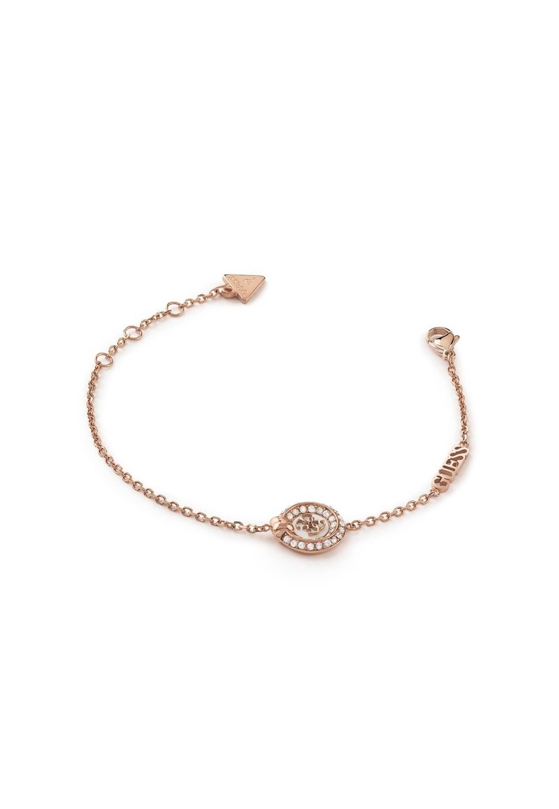 Roségullarmbånd med en delikat kjede og oval anheng, prydet med klare rhinestones og en trekantet charm ved låsen.