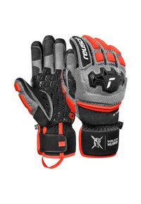 Schwarze und graue Handschuhe mit roten Akzenten, strukturierter Griff auf den Handflächen, verstellbarer Riemen und verstärkte Polsterung an den Knöcheln. Mit Logodetails.