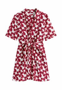 Vestito a portafoglio a maniche corte con sfondo bianco e motivo floreale rosso, cintura annodata in vita e silhouette rilassata. Tessuto morbido e leggero.