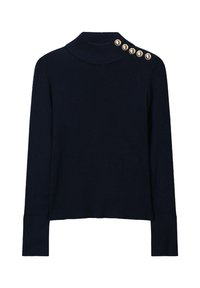 Marineblaues, geripptes Langarmpullover mit Stehkragen und vier goldenen Knöpfen an der linken Schulter.