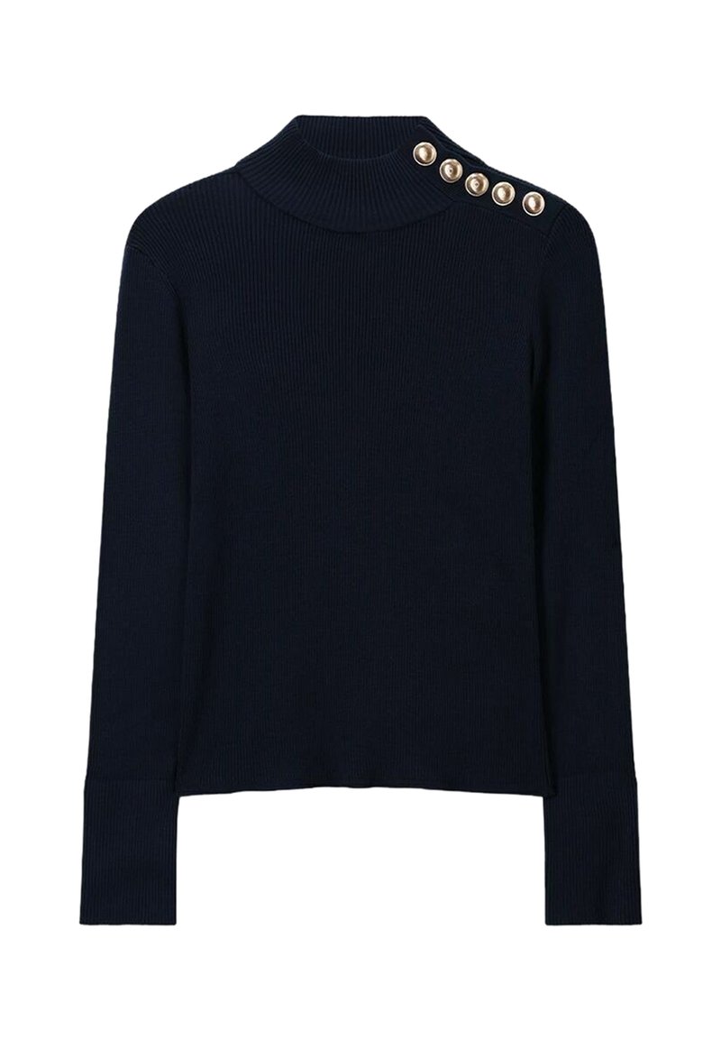 Marineblaues, geripptes Langarmpullover mit Stehkragen und vier goldenen Knöpfen an der linken Schulter.