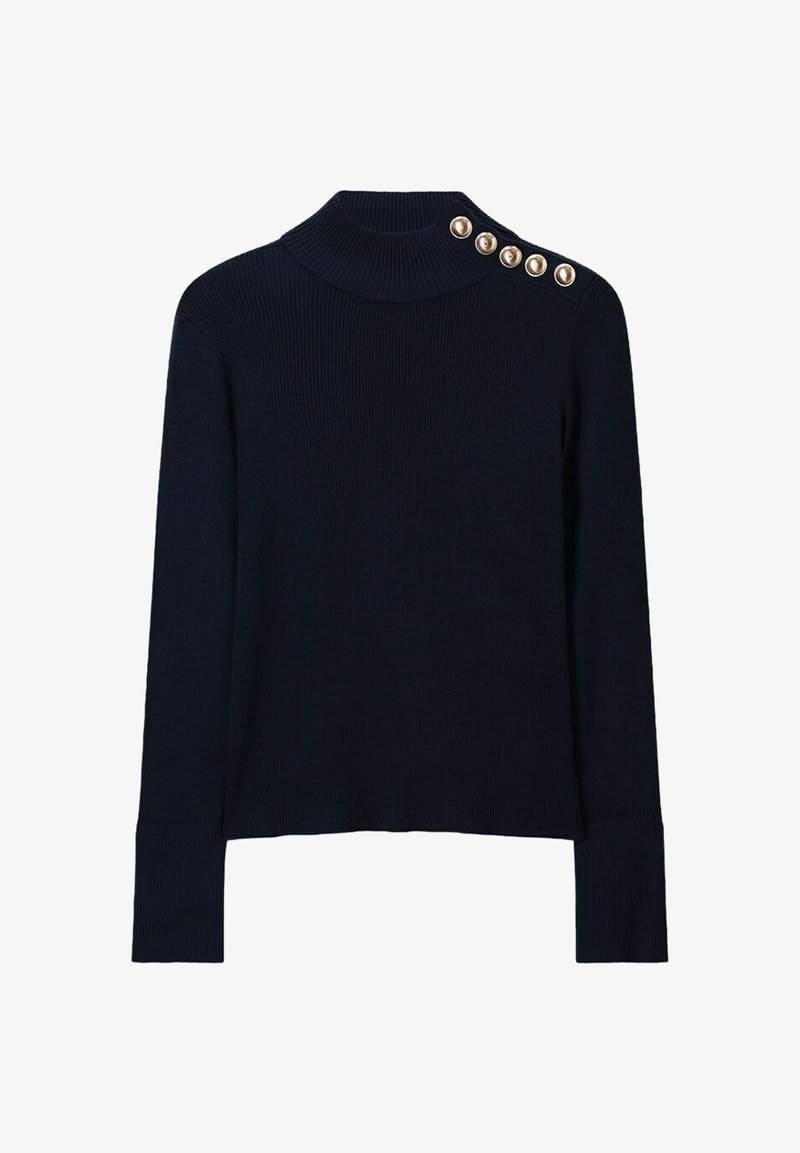 Marineblaues, geripptes Langarmpullover mit Stehkragen und vier goldenen Knöpfen an der linken Schulter.