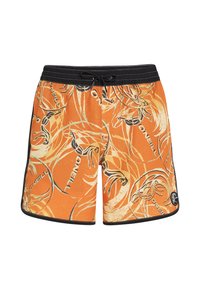 Oranžové plavky s čiernou šnúrkou, textúrovaným povrchom a grafickým vzorom stylizovaných krabov a vĺn. Logo značky na spodnom leme.