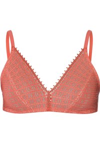 Koraalkleurige bralette met een driehoekige vorm, gekenmerkt door een textuur met een geweven patroon, geschulpte randen en verstelbare bandjes.