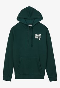 Dark green cotton hoodie with a front pocket, drawstring hood, and white print design reading "PLANT SHOP." Soft texture and relaxed fit.