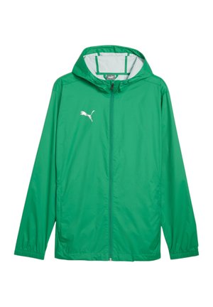 Groene lichtgewicht jas met een capuchon, gemaakt van glad nylon. Voorzien van een ritssluiting aan de voorkant en een wit logo op de borst. Elastische manchetten aanwezig.