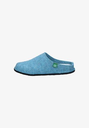 Blue felt slipper with a rounded toe, open back, textured upper, and black rubber sole. Features a small green tag on the side.