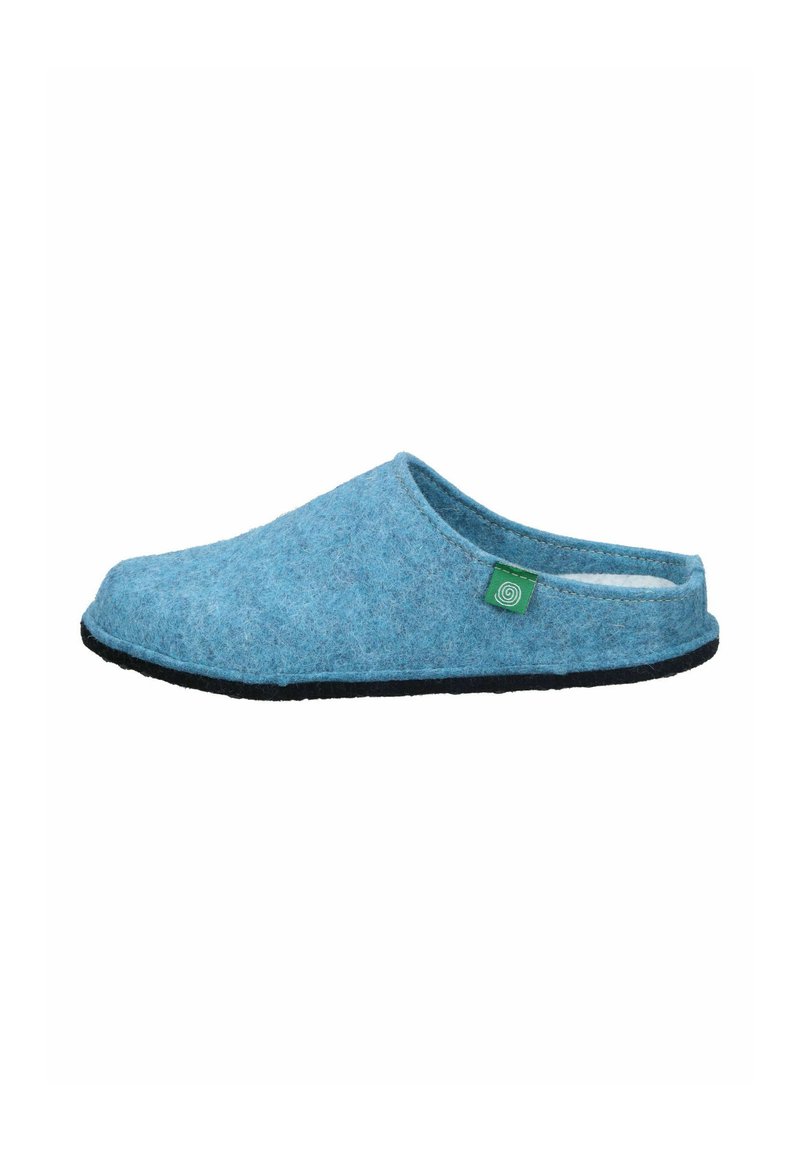 Blue felt slipper with a rounded toe, open back, textured upper, and black rubber sole. Features a small green tag on the side.