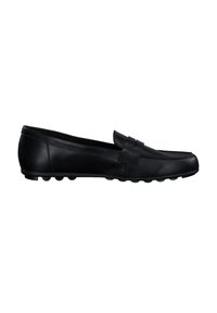 Mocassin en cuir noir avec une finition lisse, doté d'une bande décorative sur le cou-de-pied et d'un bout arrondi. Semelle en caoutchouc texturé avec des motifs en points.