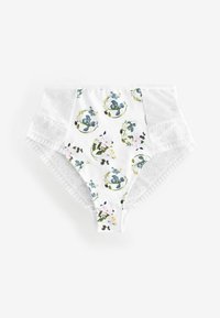 Hooggesneden witte onderbroek met bloemmotieven in blauw, roze en groen, met textuurkant accenten aan de zijkanten.