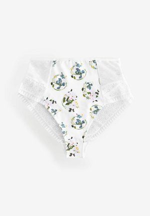Hooggesneden witte onderbroek met bloemmotieven in blauw, roze en groen, met textuurkant accenten aan de zijkanten.