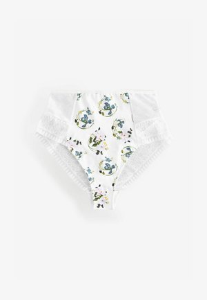 Hooggesneden witte onderbroek met bloemmotieven in blauw, roze en groen, met textuurkant accenten aan de zijkanten.