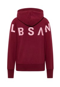 Weinroter Kapuzenpullover mit großen rosa Buchstaben "LBS AN" auf dem Rücken sowie gerippten Bündchen an Ärmeln und Saum. Weiche Textur und lässiges Design.
