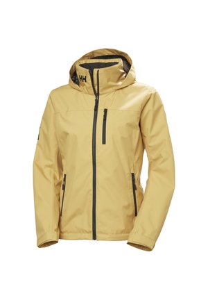 Chaqueta impermeable amarilla con capucha, cremalleras negras en el frente y el pecho, y puños ajustables en las muñecas, diseñada para uso al aire libre.